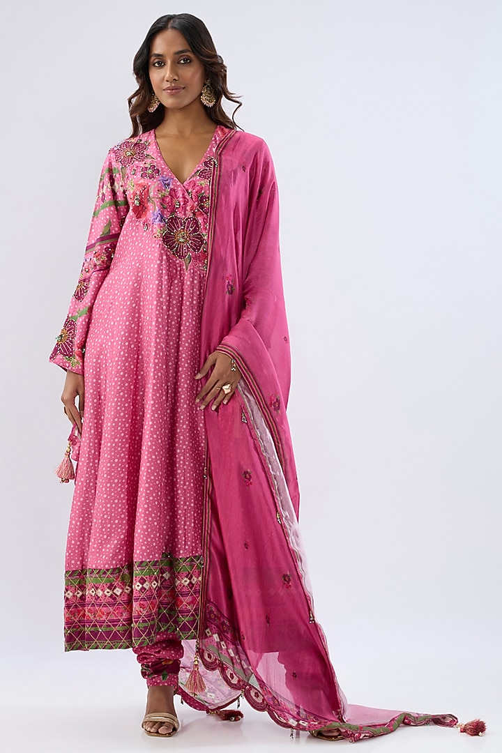 Pink Silk Tencel Thread Embroidered Angrakha Set by Niti Bothra at Pernia's Pop Up Shop