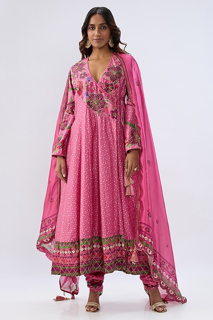 Pink Silk Tencel Thread Embroidered Angrakha Set by Niti Bothra at Pernia's Pop Up Shop