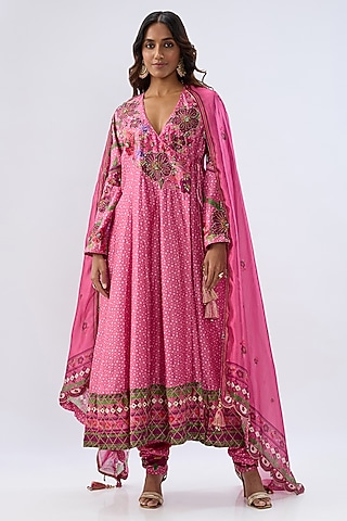 Pink Silk Tencel Thread Embroidered Angrakha Set by Niti Bothra