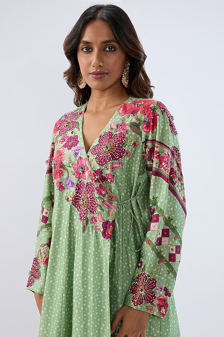 Green Silk Tencel Thread Embroidered Angrakha Set by Niti Bothra at Pernia's Pop Up Shop