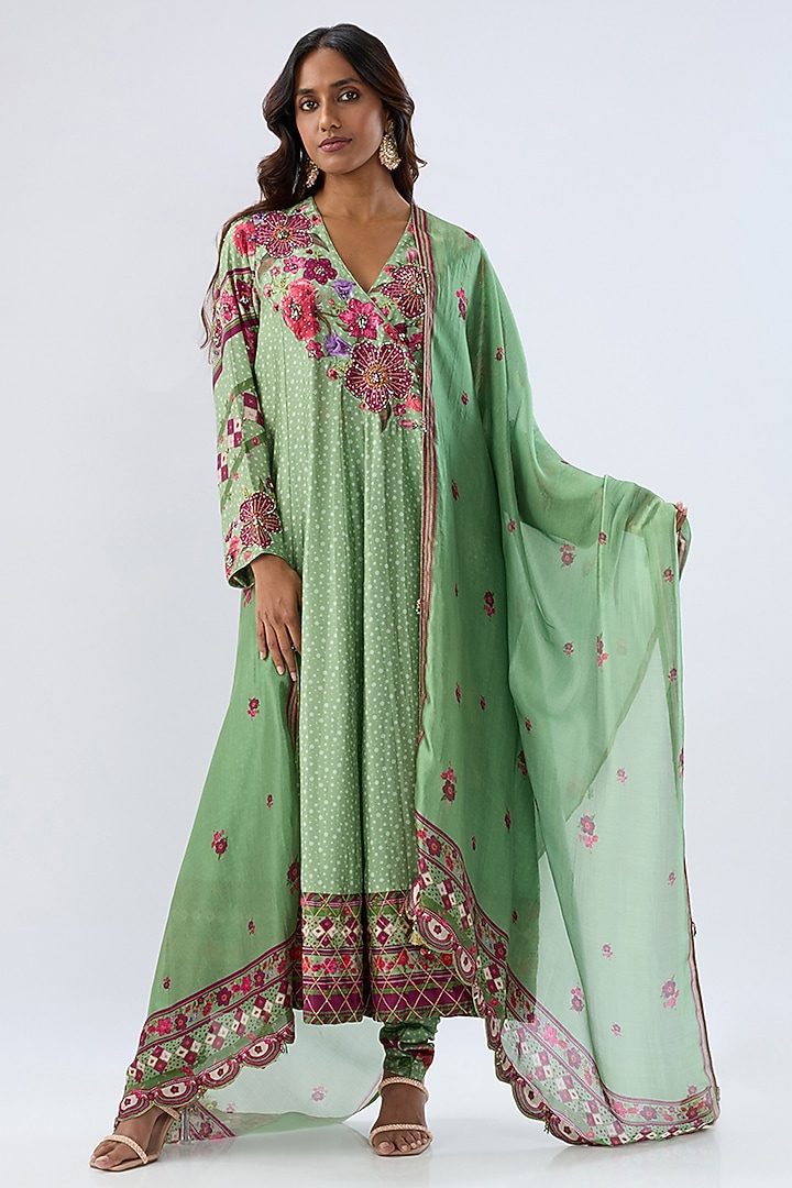 Green Silk Tencel Thread Embroidered Angrakha Set by Niti Bothra at Pernia's Pop Up Shop