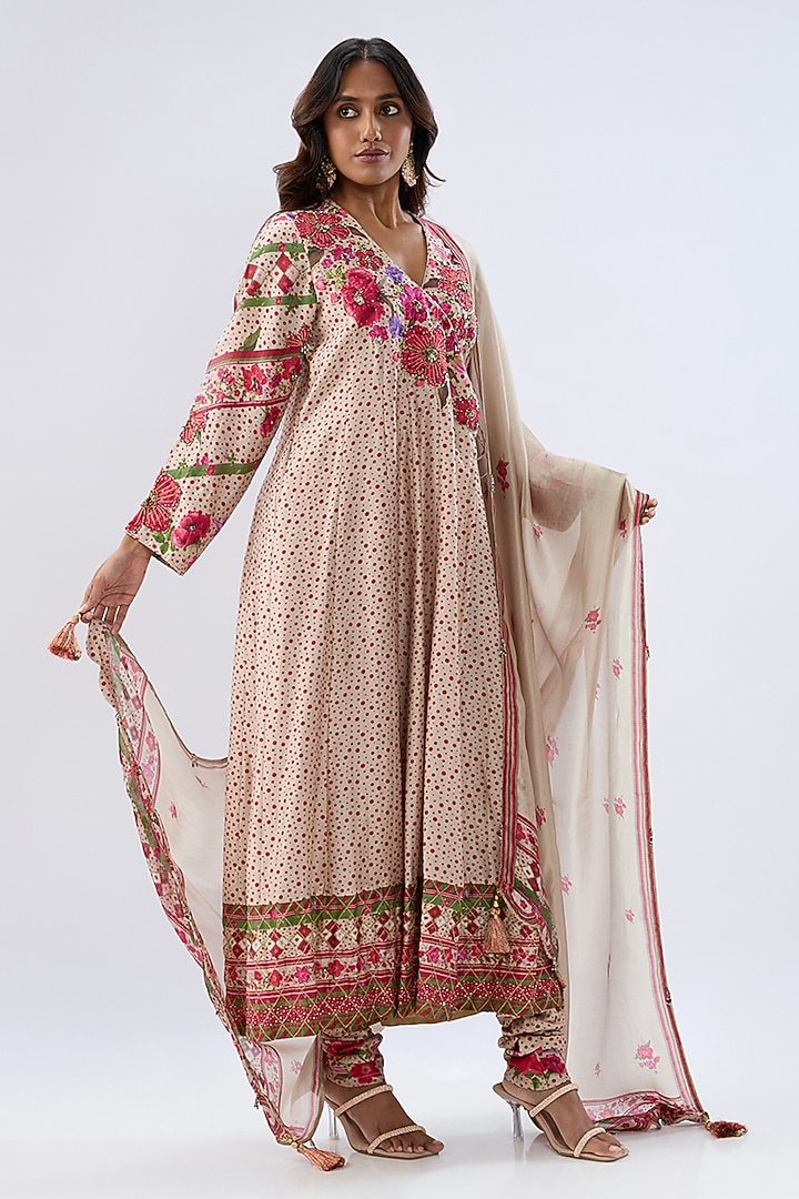 Ivory Silk Tencel Thread Embroidered Angrakha Set by Niti Bothra at Pernia's Pop Up Shop