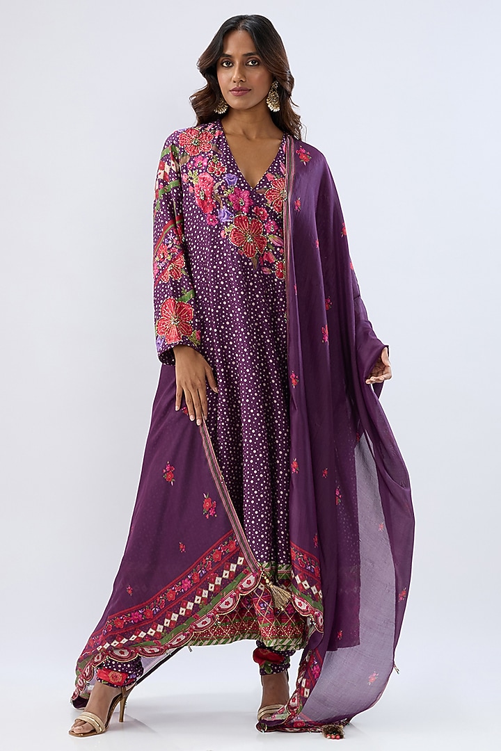 Purple Silk Tencel Thread Embroidered Angrakha Set by Niti Bothra at Pernia's Pop Up Shop