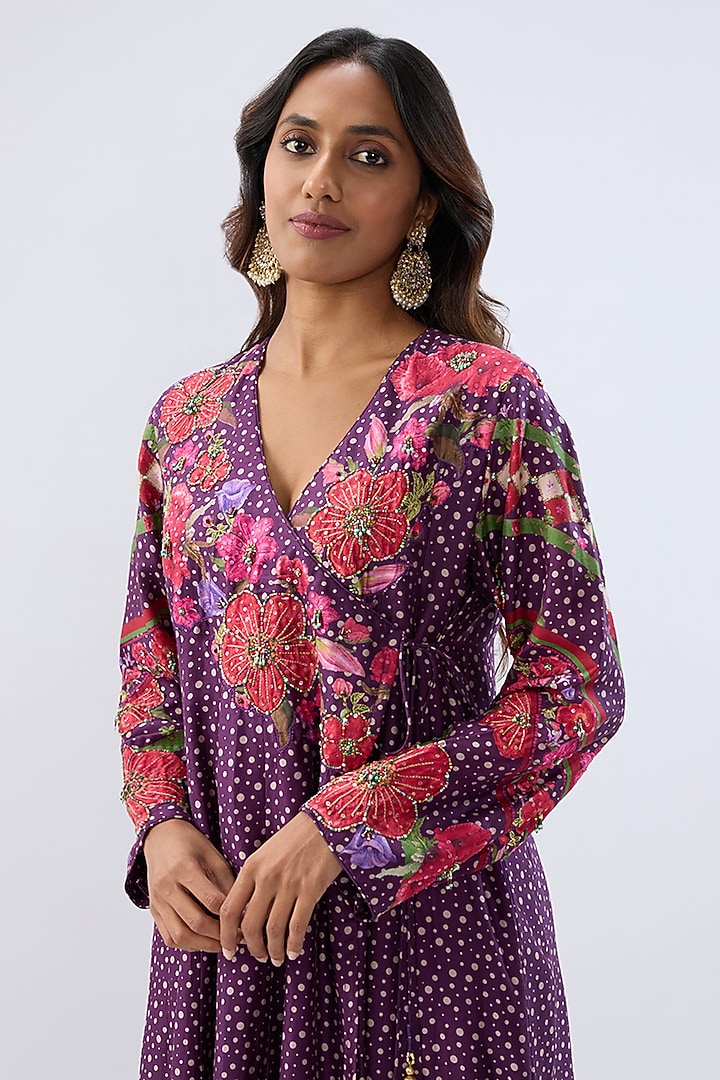 Purple Silk Tencel Thread Embroidered Angrakha Set by Niti Bothra at Pernia's Pop Up Shop
