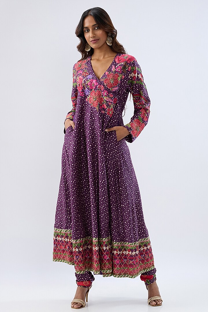 Purple Silk Tencel Thread Embroidered Angrakha Set by Niti Bothra at Pernia's Pop Up Shop
