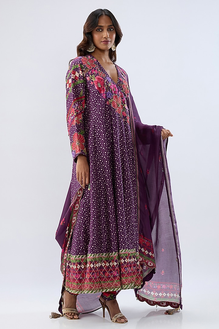 Purple Silk Tencel Thread Embroidered Angrakha Set by Niti Bothra at Pernia's Pop Up Shop