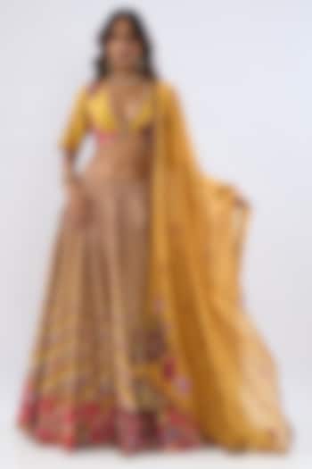Yellow Silk Chanderi Printed & Thread Embroidered Wedding Lehenga Set by Niti Bothra at Pernia's Pop Up Shop