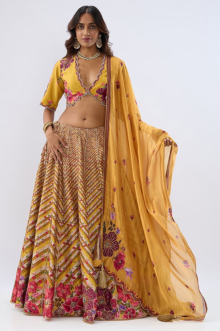 Yellow Silk Chanderi Printed & Thread Embroidered Wedding Lehenga Set by Niti Bothra at Pernia's Pop Up Shop