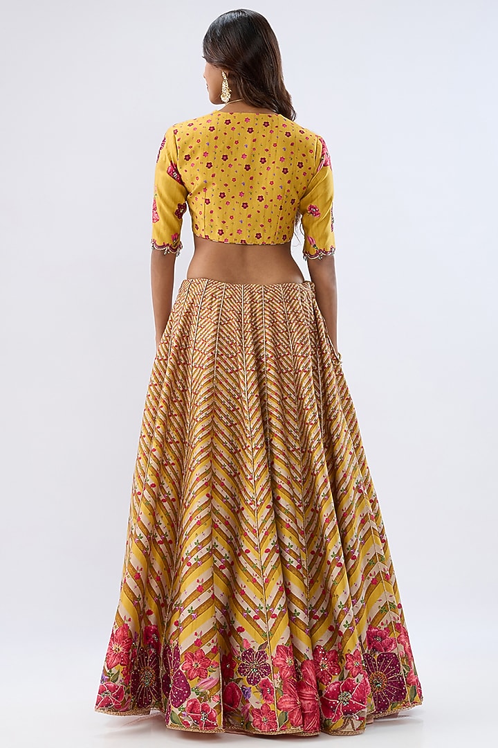 Yellow Silk Chanderi Printed & Thread Embroidered Wedding Lehenga Set by Niti Bothra at Pernia's Pop Up Shop