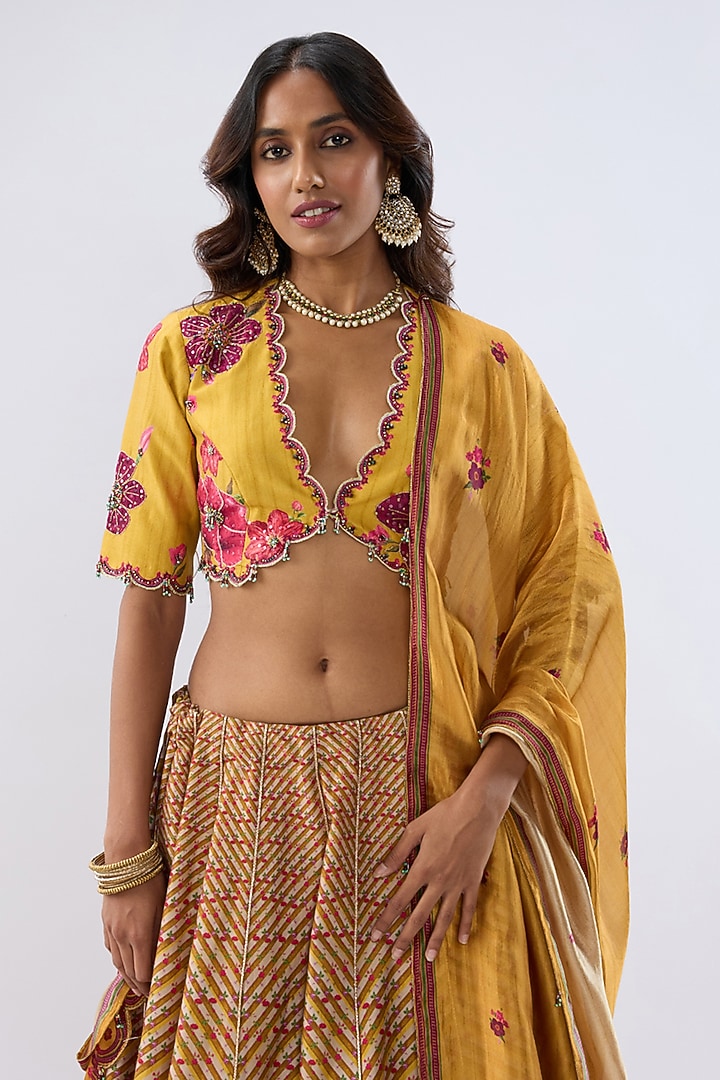 Yellow Silk Chanderi Printed & Thread Embroidered Wedding Lehenga Set by Niti Bothra at Pernia's Pop Up Shop