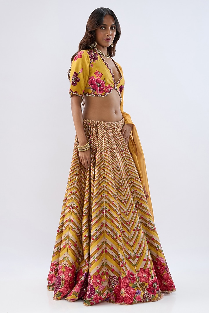 Yellow Silk Chanderi Printed & Thread Embroidered Wedding Lehenga Set by Niti Bothra at Pernia's Pop Up Shop