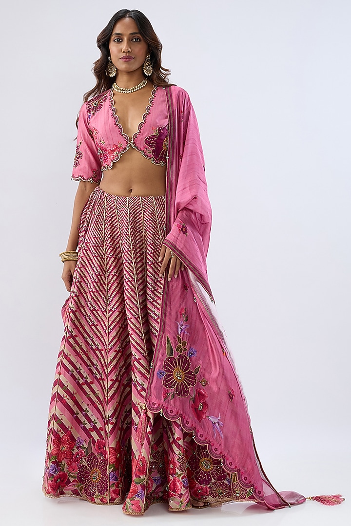 Pink Silk Chanderi Printed & Thread Embroidered Wedding Lehenga Set by Niti Bothra at Pernia's Pop Up Shop