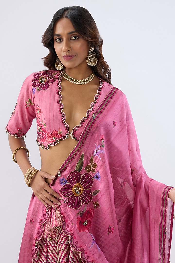 Pink Silk Chanderi Printed & Thread Embroidered Wedding Lehenga Set by Niti Bothra at Pernia's Pop Up Shop