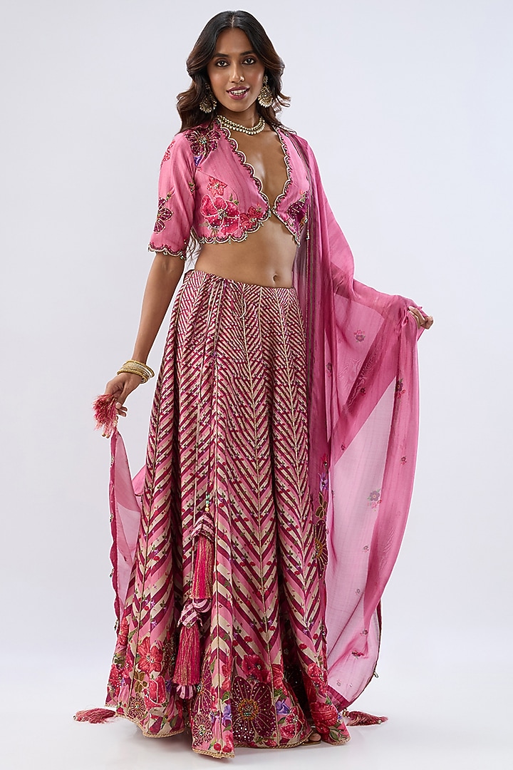 Pink Silk Chanderi Printed & Thread Embroidered Wedding Lehenga Set by Niti Bothra at Pernia's Pop Up Shop