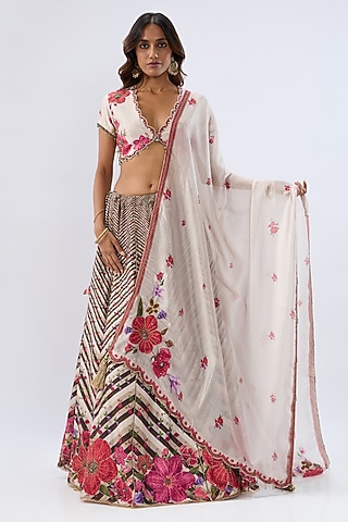 Ivory Silk Chanderi Printed & Thread Embroidered Lehenga Set by Niti Bothra
