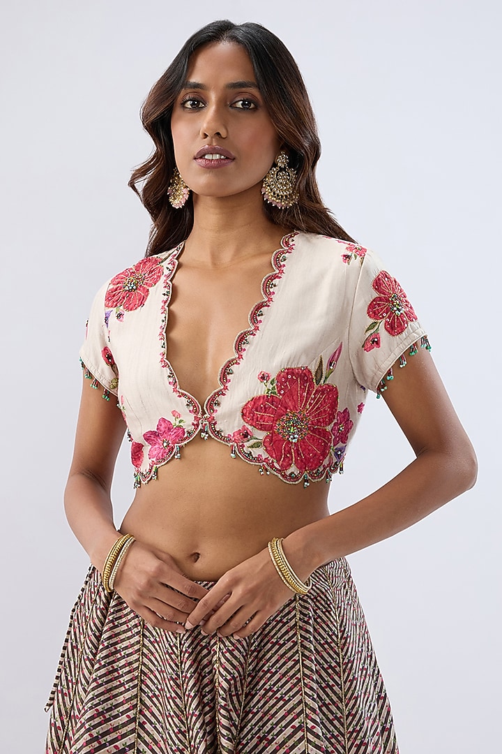 Ivory Silk Chanderi Printed & Thread Embroidered Wedding Lehenga Set by Niti Bothra at Pernia's Pop Up Shop