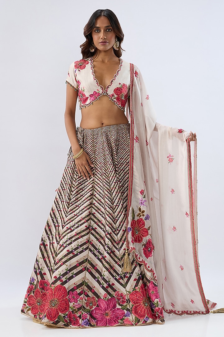 Ivory Silk Chanderi Printed & Thread Embroidered Wedding Lehenga Set by Niti Bothra at Pernia's Pop Up Shop