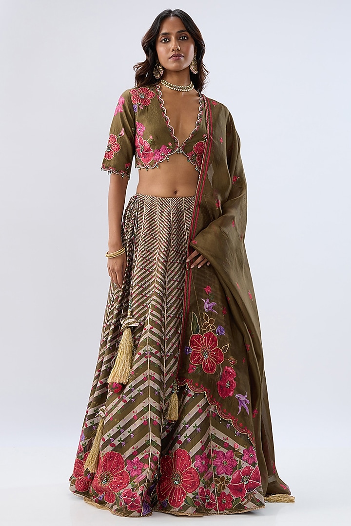 Olive Green Silk Chanderi Printed & Thread Embroidered Wedding Lehenga Set by Niti Bothra at Pernia's Pop Up Shop