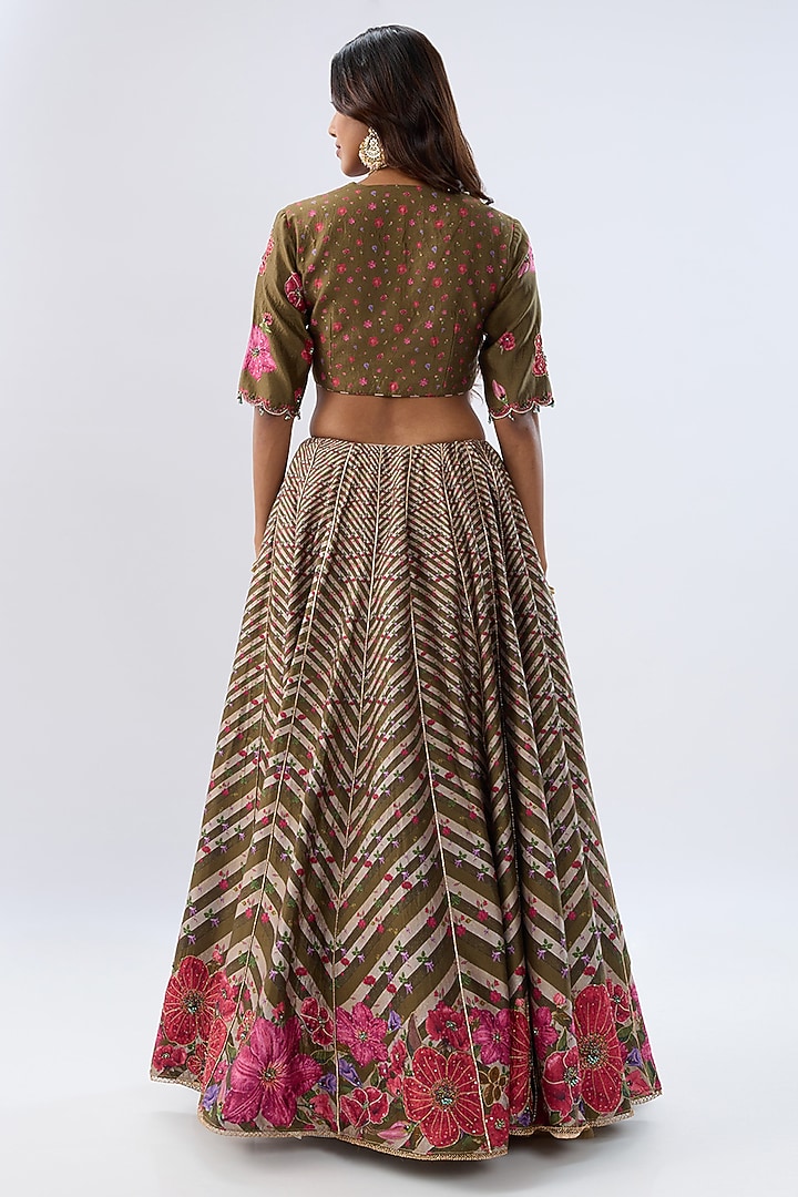 Olive Green Silk Chanderi Printed & Thread Embroidered Wedding Lehenga Set by Niti Bothra at Pernia's Pop Up Shop