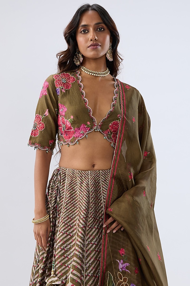 Olive Green Silk Chanderi Printed & Thread Embroidered Wedding Lehenga Set by Niti Bothra at Pernia's Pop Up Shop