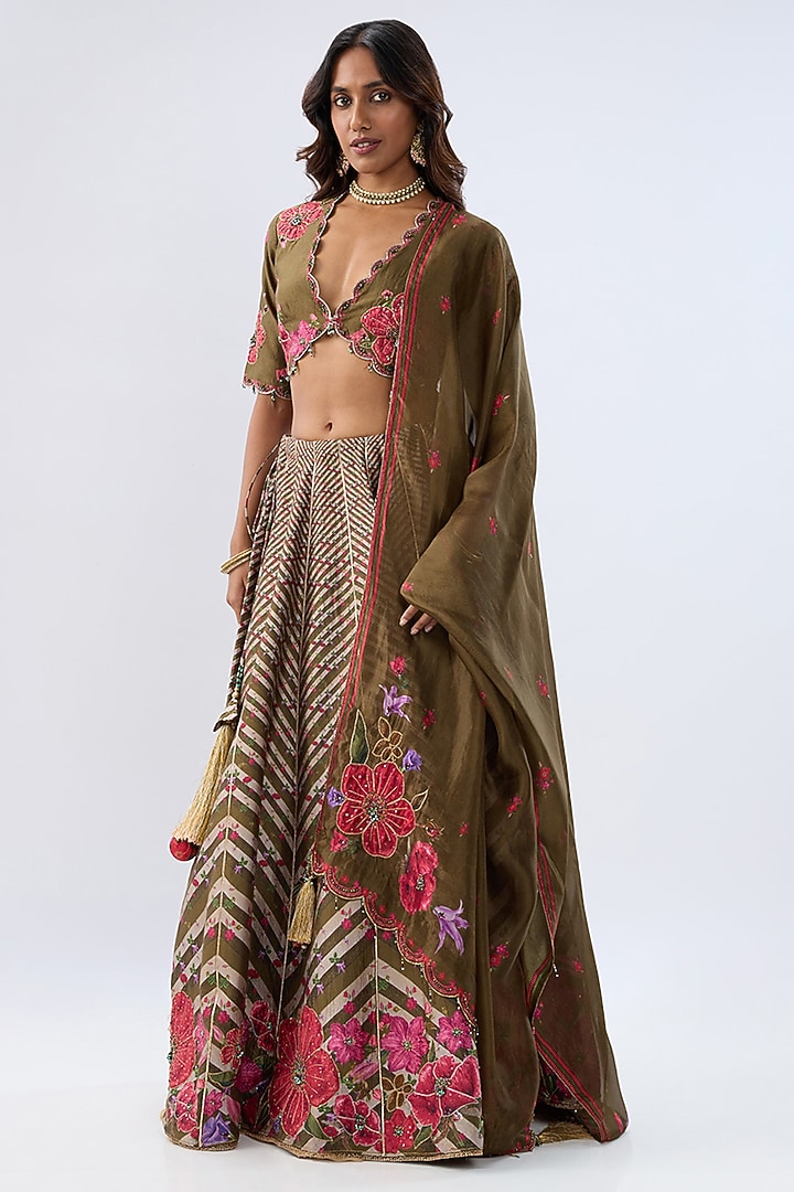 Olive Green Silk Chanderi Printed & Thread Embroidered Wedding Lehenga Set by Niti Bothra at Pernia's Pop Up Shop