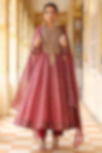 Maroon Silk Chanderi Printed & Zardosi Embroidered Wedding Anarkali Set by Niti Bothra at Pernia's Pop Up Shop