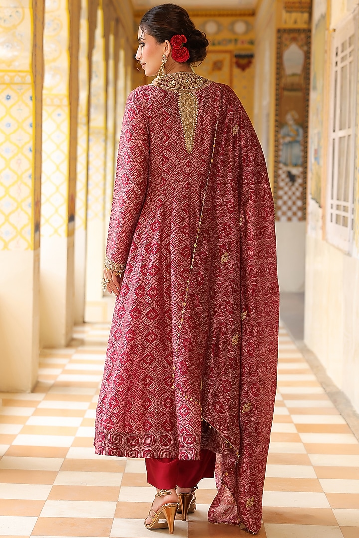 Maroon Silk Chanderi Printed & Zardosi Embroidered Wedding Anarkali Set by Niti Bothra at Pernia's Pop Up Shop