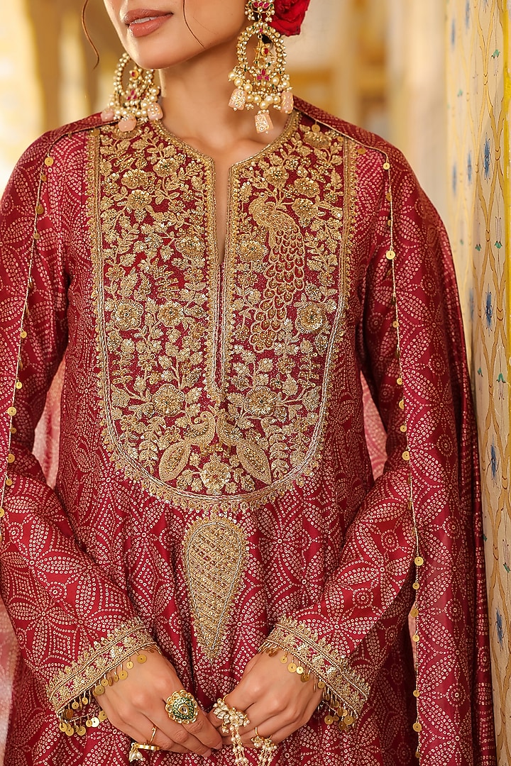Maroon Silk Chanderi Printed & Zardosi Embroidered Wedding Anarkali Set by Niti Bothra at Pernia's Pop Up Shop