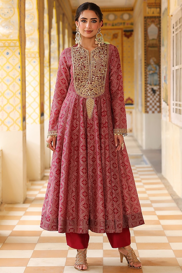 Maroon Silk Chanderi Printed & Zardosi Embroidered Wedding Anarkali Set by Niti Bothra at Pernia's Pop Up Shop