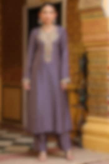 Purple Silk Tencel Printed & Embroidered Kurta Set by Niti Bothra at Pernia's Pop Up Shop