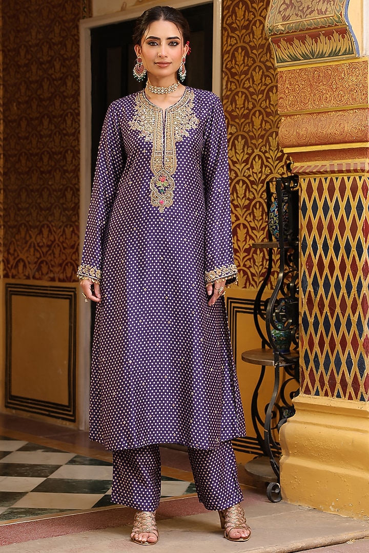 Purple Silk Tencel Printed & Embroidered Kurta Set by Niti Bothra at Pernia's Pop Up Shop