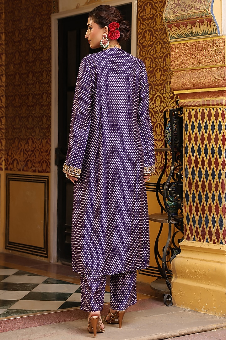 Purple Silk Tencel Printed & Embroidered Kurta Set by Niti Bothra at Pernia's Pop Up Shop