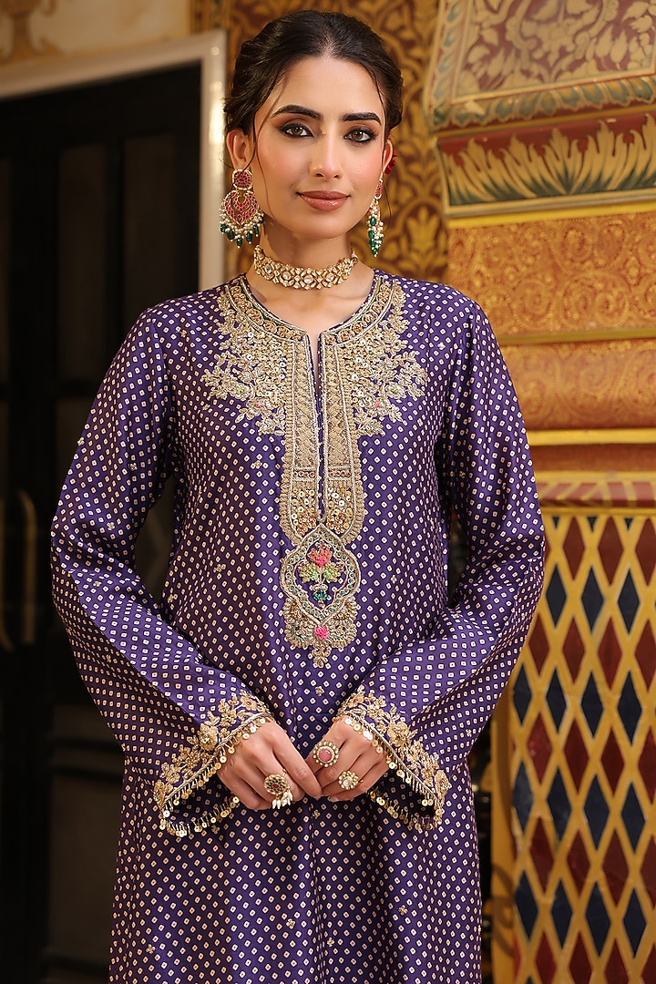 Purple Silk Tencel Printed & Embroidered Kurta Set by Niti Bothra at Pernia's Pop Up Shop