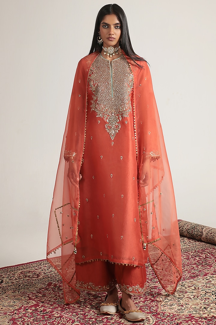 Orange Organza Zardosi Embroidered Kurta Set by Niti Bothra at Pernia's Pop Up Shop