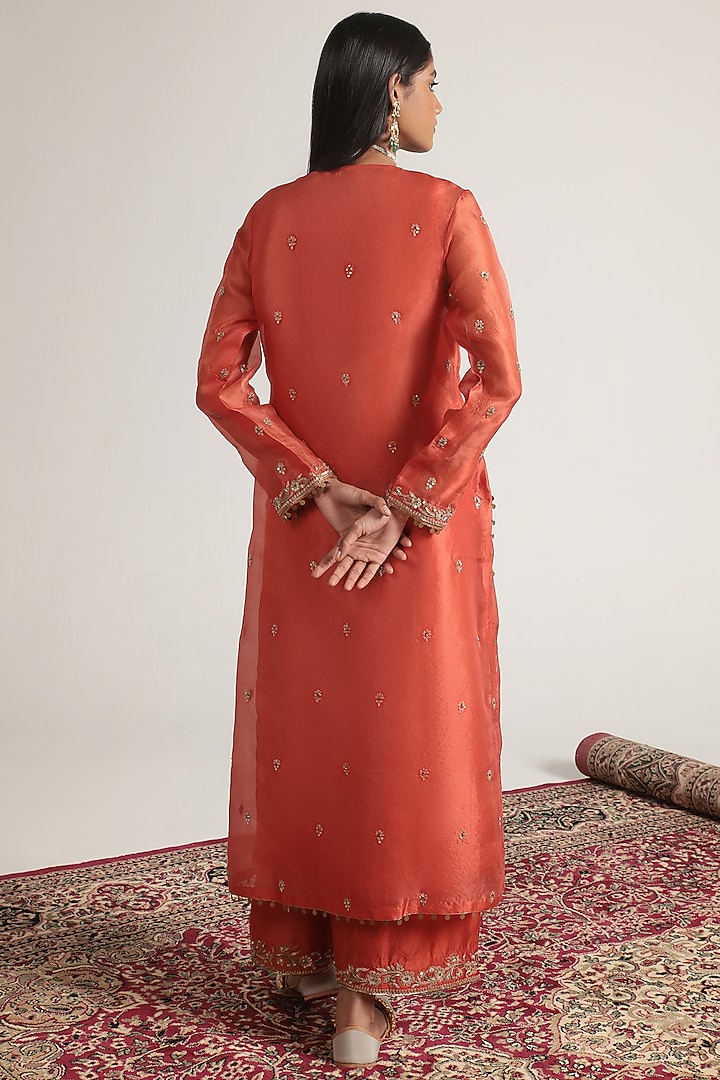 Orange Organza Zardosi Embroidered Kurta Set by Niti Bothra at Pernia's Pop Up Shop