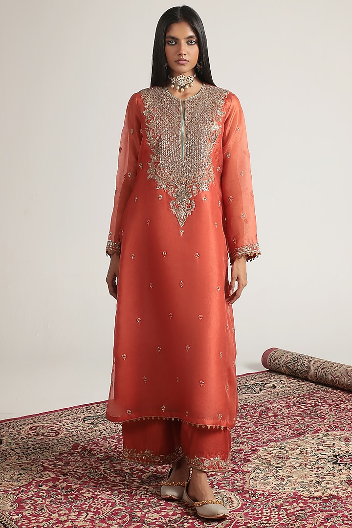 Orange Organza Zardosi Embroidered Kurta Set by Niti Bothra at Pernia's Pop Up Shop