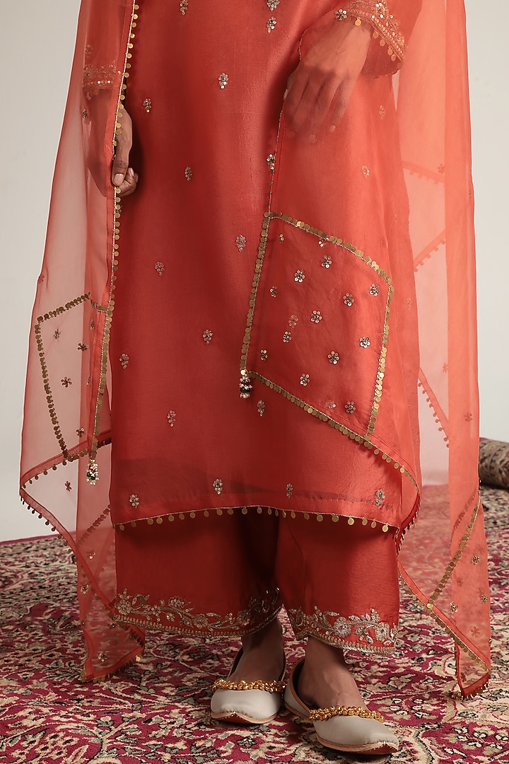 Orange Organza Zardosi Embroidered Kurta Set by Niti Bothra at Pernia's Pop Up Shop