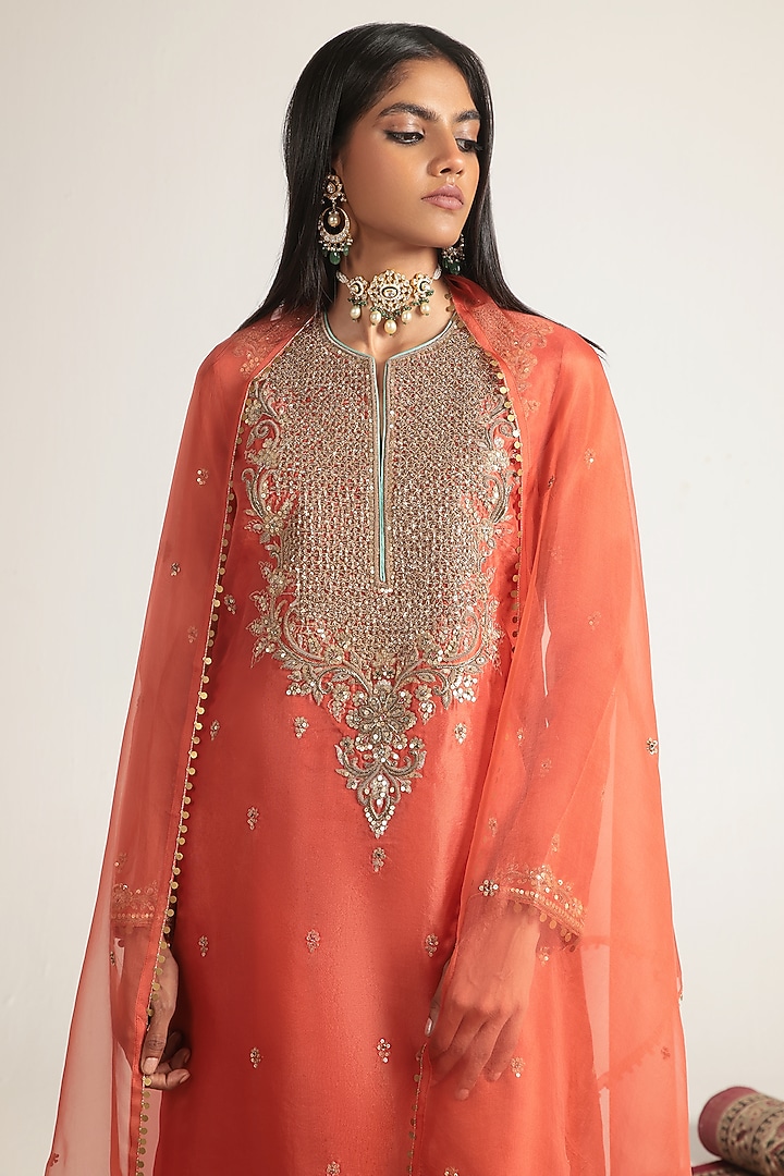 Orange Organza Zardosi Embroidered Kurta Set by Niti Bothra at Pernia's Pop Up Shop
