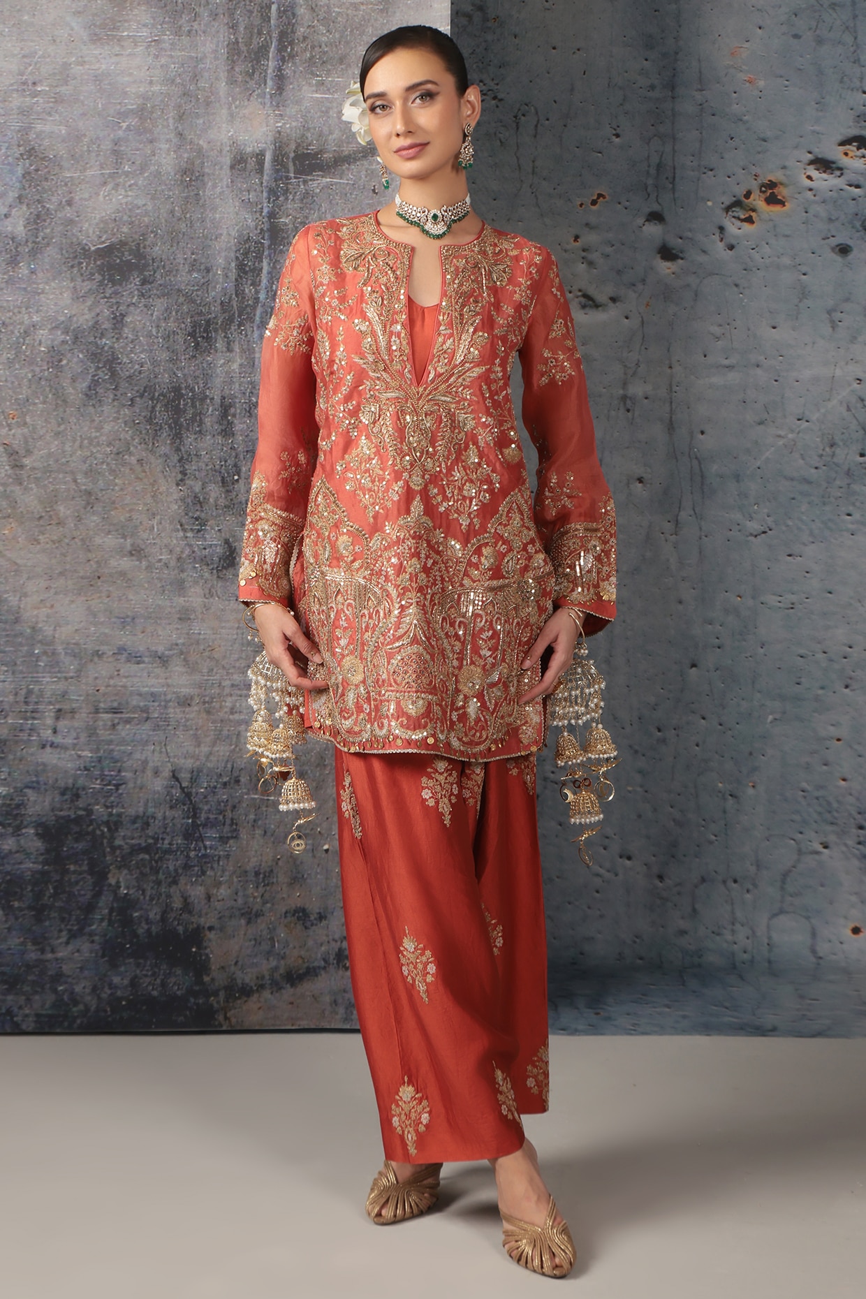 Niti Bothra Orange Organza & Silk Tencel Zardosi Embroidered Short Kurta Set