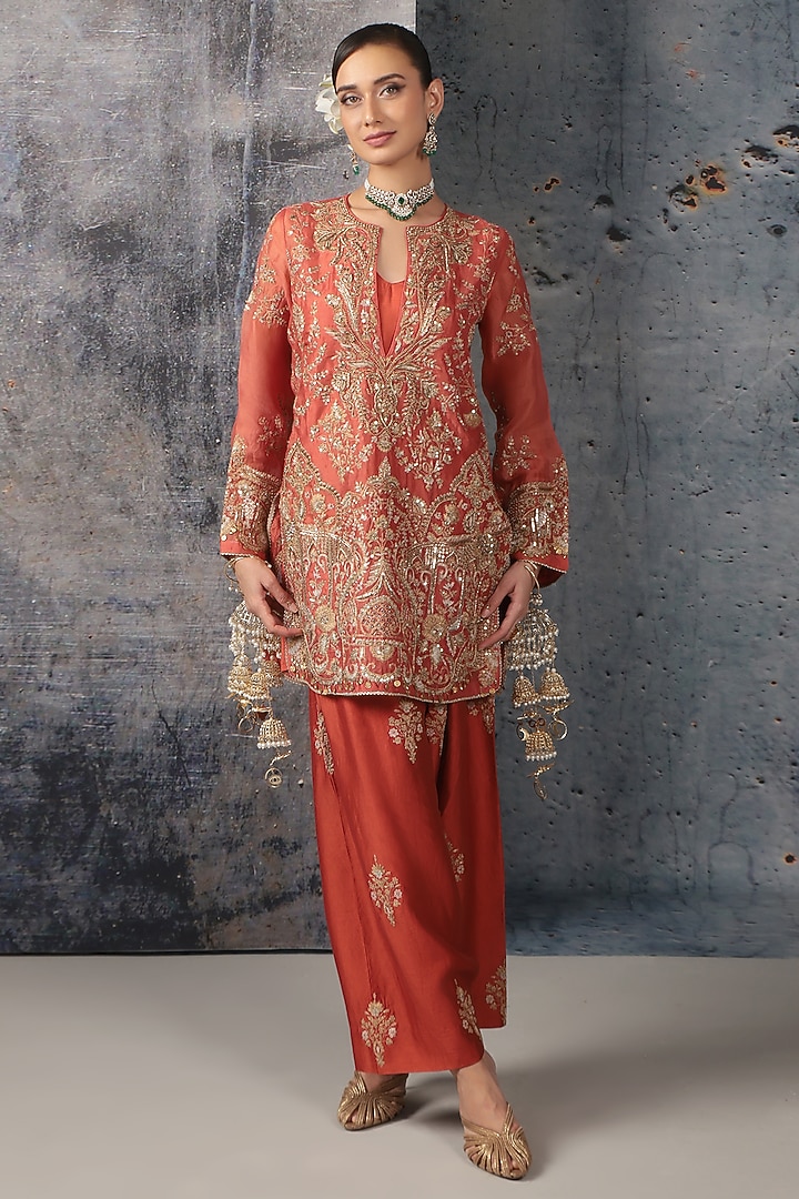 Orange Organza & Silk Tencel Zardosi Embroidered Short Kurta Set by Niti Bothra at Pernia's Pop Up Shop