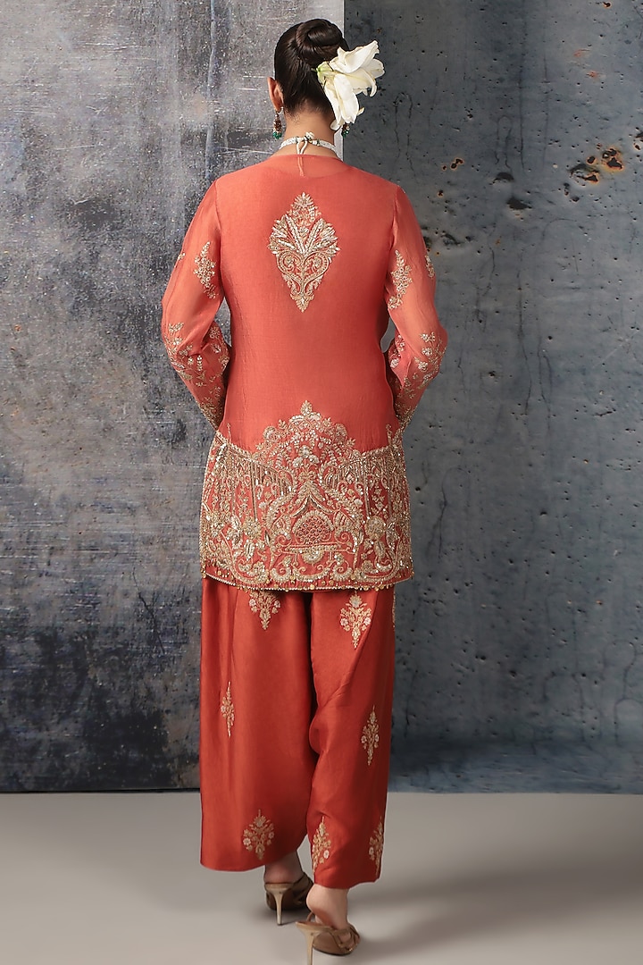 Orange Organza & Silk Tencel Zardosi Embroidered Short Kurta Set by Niti Bothra at Pernia's Pop Up Shop
