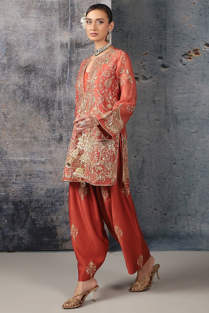 Orange Organza & Silk Tencel Zardosi Embroidered Short Kurta Set by Niti Bothra at Pernia's Pop Up Shop