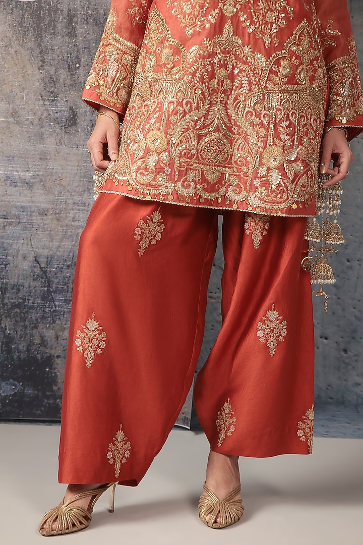 Orange Organza & Silk Tencel Zardosi Embroidered Short Kurta Set by Niti Bothra at Pernia's Pop Up Shop
