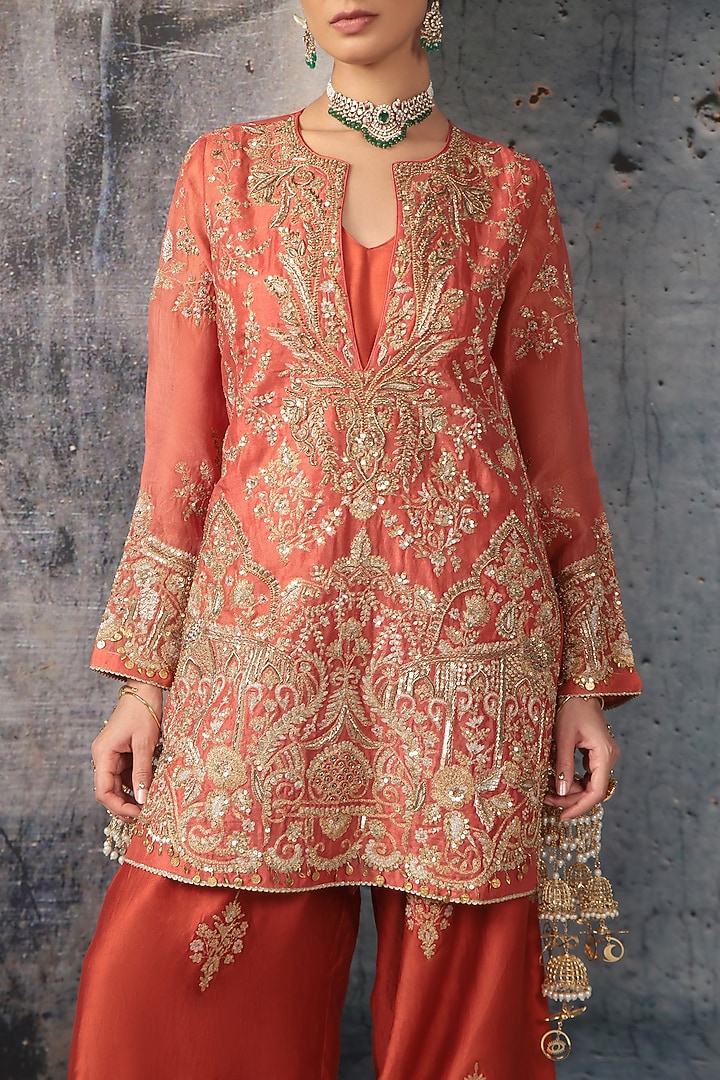 Orange Organza & Silk Tencel Zardosi Embroidered Short Kurta Set by Niti Bothra at Pernia's Pop Up Shop