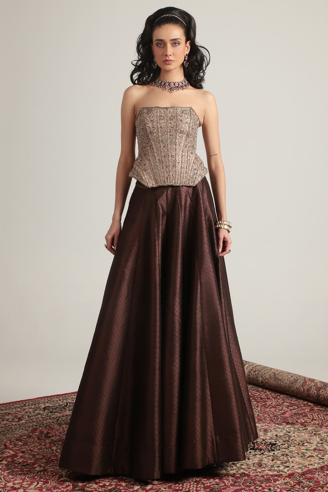 Niti Bothra Brown Chiniya Silk & Kora Silk Skirt Set