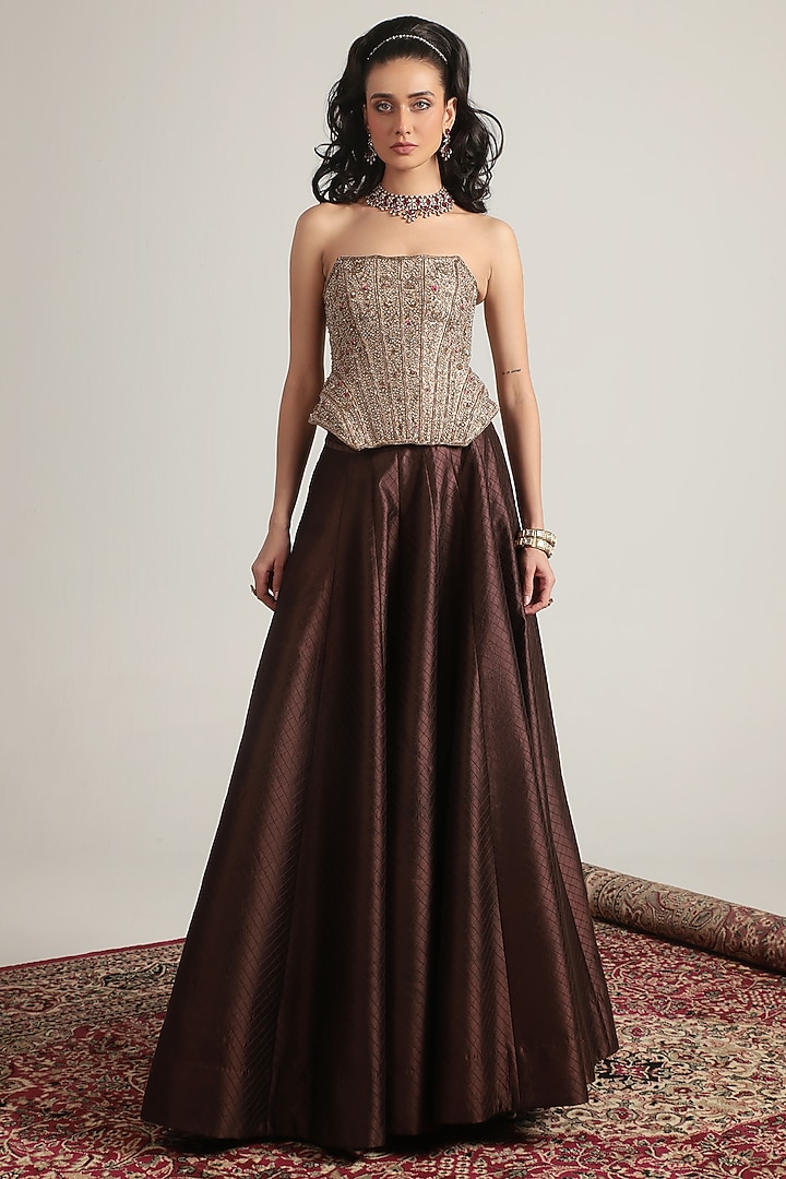 Brown Chiniya Silk & Kora Silk Skirt Set by Niti Bothra at Pernia's Pop Up Shop