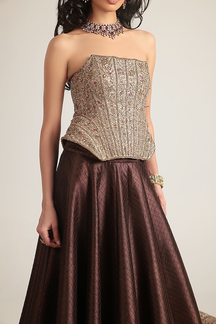 Brown Chiniya Silk & Kora Silk Skirt Set by Niti Bothra at Pernia's Pop Up Shop
