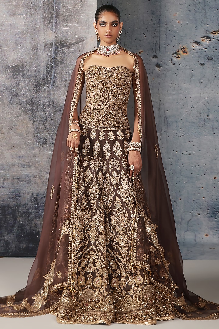 Brown Organza Zardosi Embroidered Bridal Lehenga Set by Niti Bothra at Pernia's Pop Up Shop