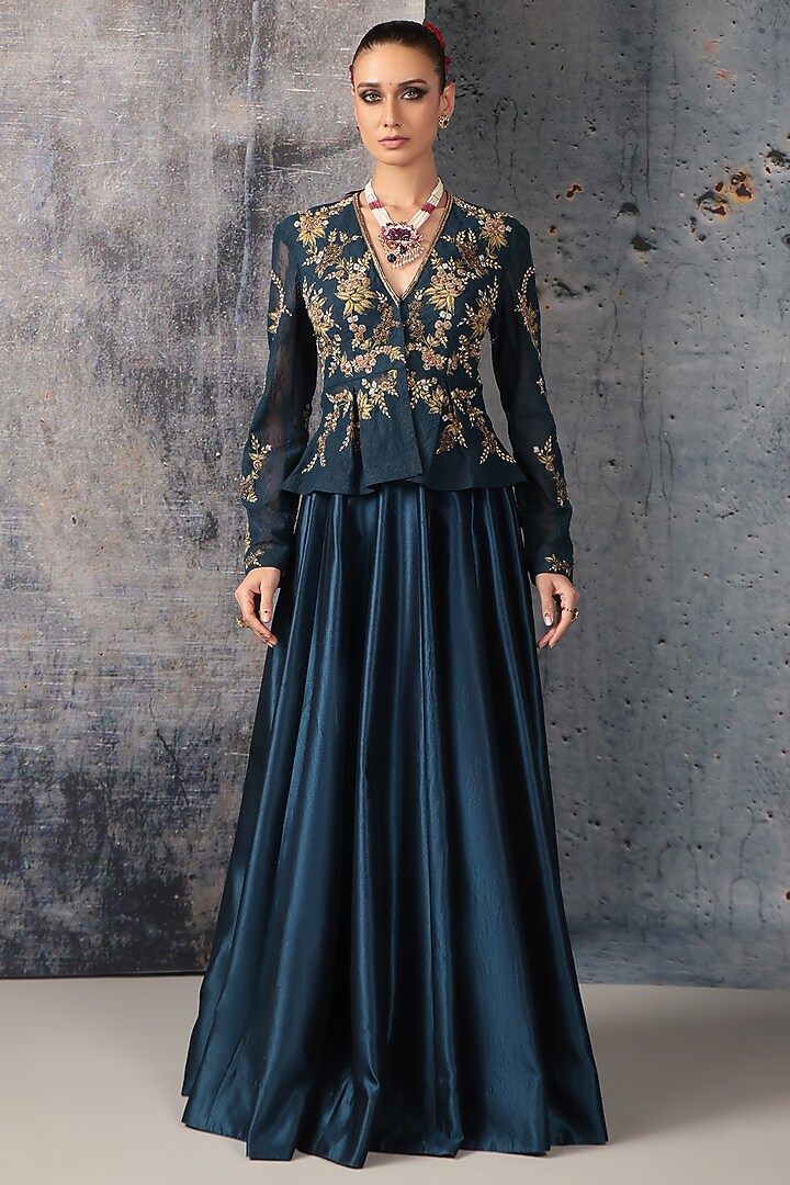 Blue Kora Silk High-Waisted Skirt Set by Niti Bothra at Pernia's Pop Up Shop
