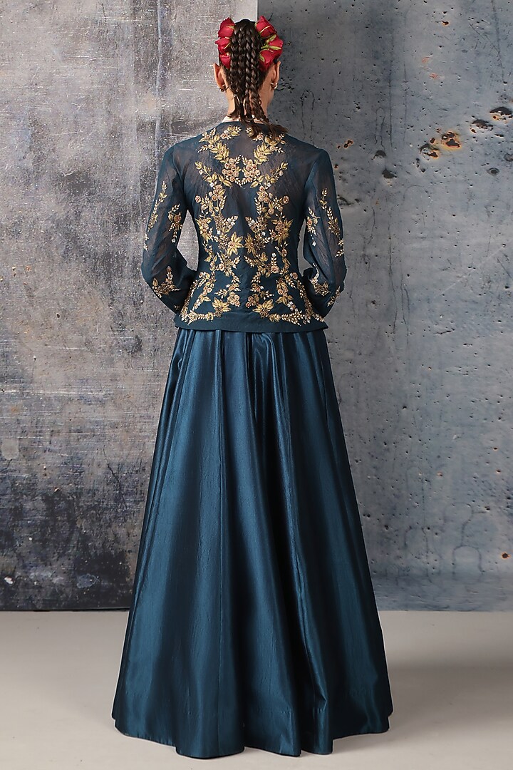 Blue Kora Silk High-Waisted Skirt Set by Niti Bothra at Pernia's Pop Up Shop